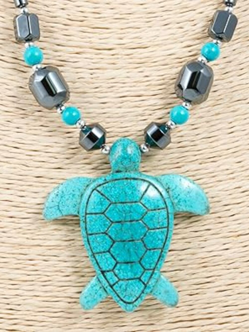 Turquoise Sea Turtle and Hematite Beads Necklace - Picture 2 of 3